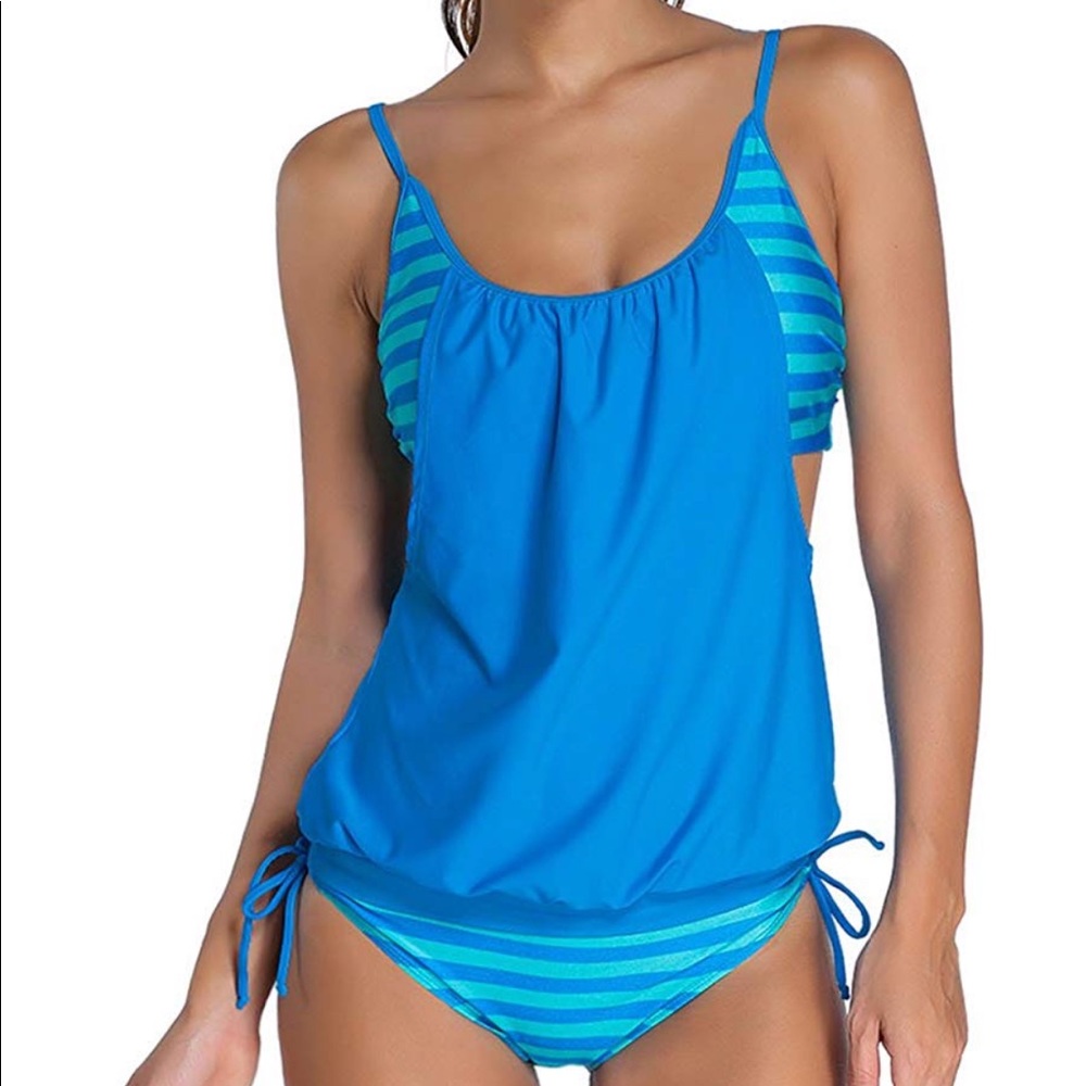Blue Layered Tankini Swim Top and Striped Bikini Bottom